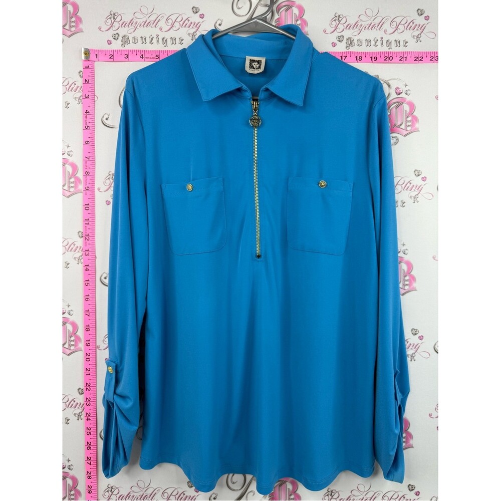 Anne Klein blouse gold Bright Teal Long-Sleeve Zip Polo Blouse shirt collared
